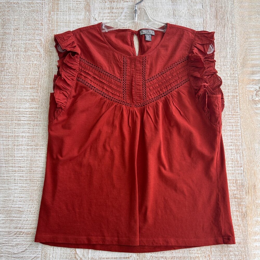 J. Crew - Point Sur Burnt Orange Eyelet Flutter Sleeve T-Shirt - Small - Picture 2 of 8